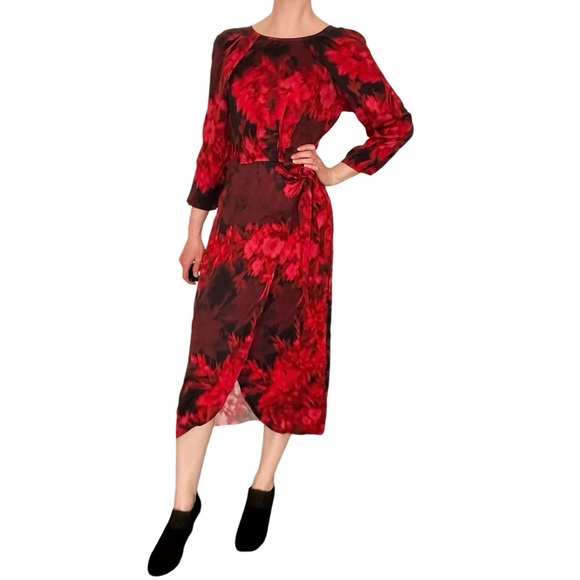 Kobi Halperin Halsey Floral Red Black Long Sleeve Midi Tie Waist Slit Dress - Picture 8 of 8